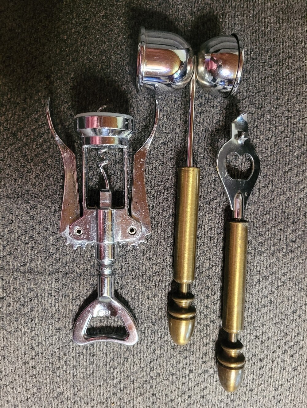 Brass and Chrome Bar Tool Set – Corkscrew, Jigger, and Bottle Opener (116)